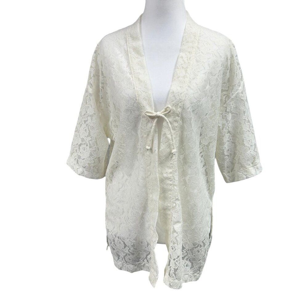 Vintage Jantzen Floral Lace Front Tie Kimono Cardigan Sheer Sz L Ivory